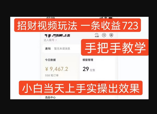 招财视频玩法，一条视频收益723，手把手教学，小白当天可上手 - 狗凯之家免费源码网