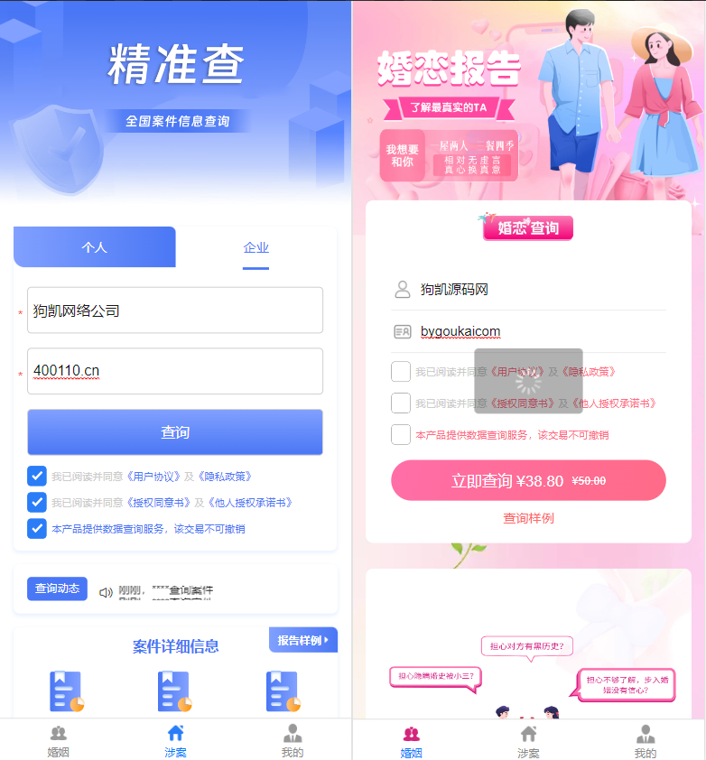 婚姻查询系统、个人企业案件涉诉案底查询系统网站源码 - 狗凯之家免费源码网